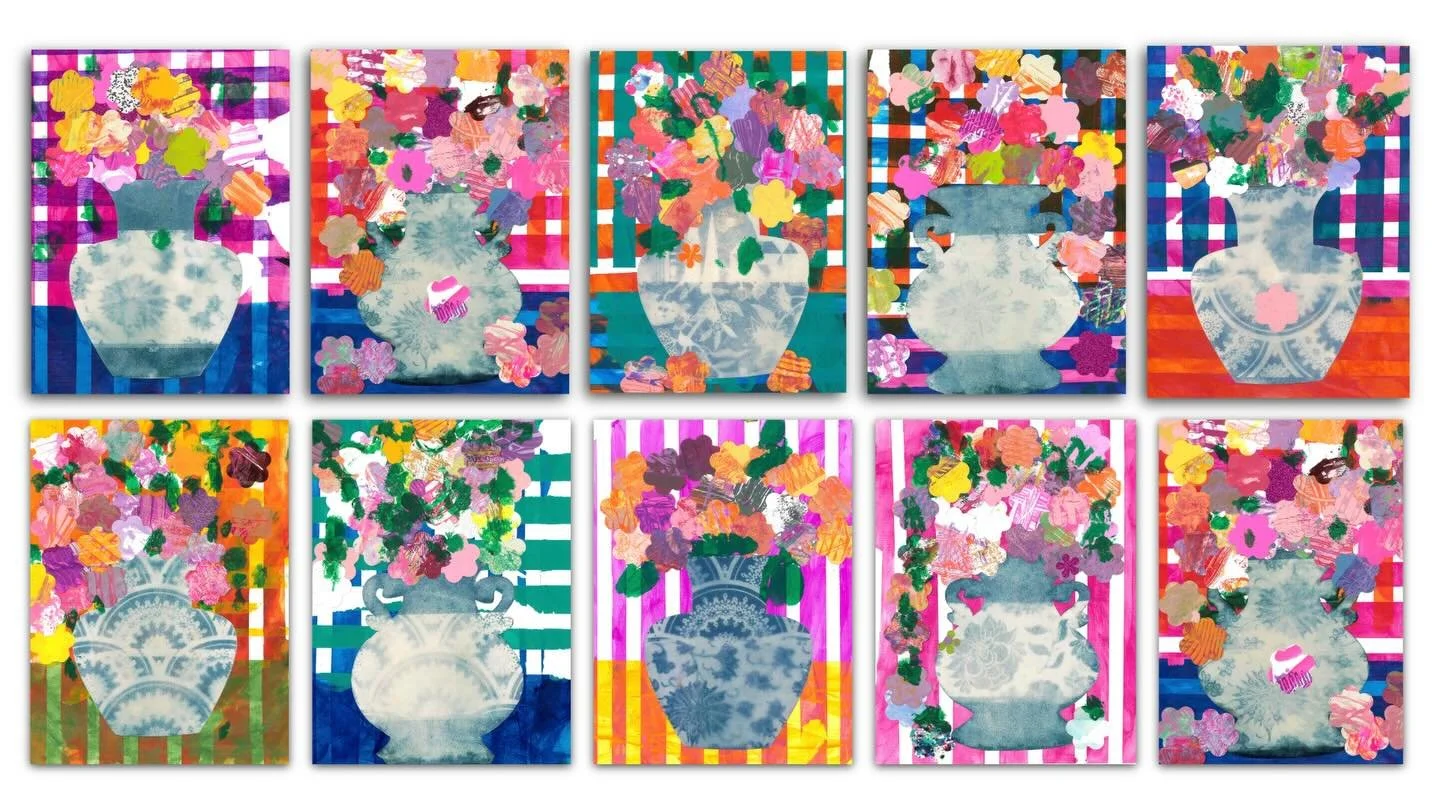 PreK3 still life collages 💫 acrylic, cyanotype, gelli prints