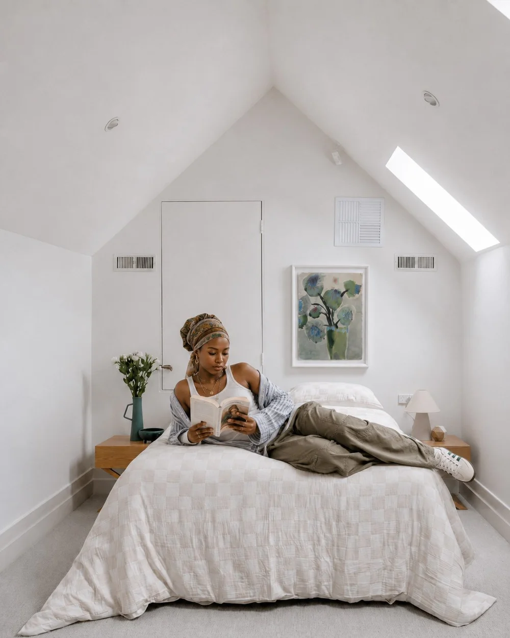 Framed flower drawing above a bed in a loft bedroom