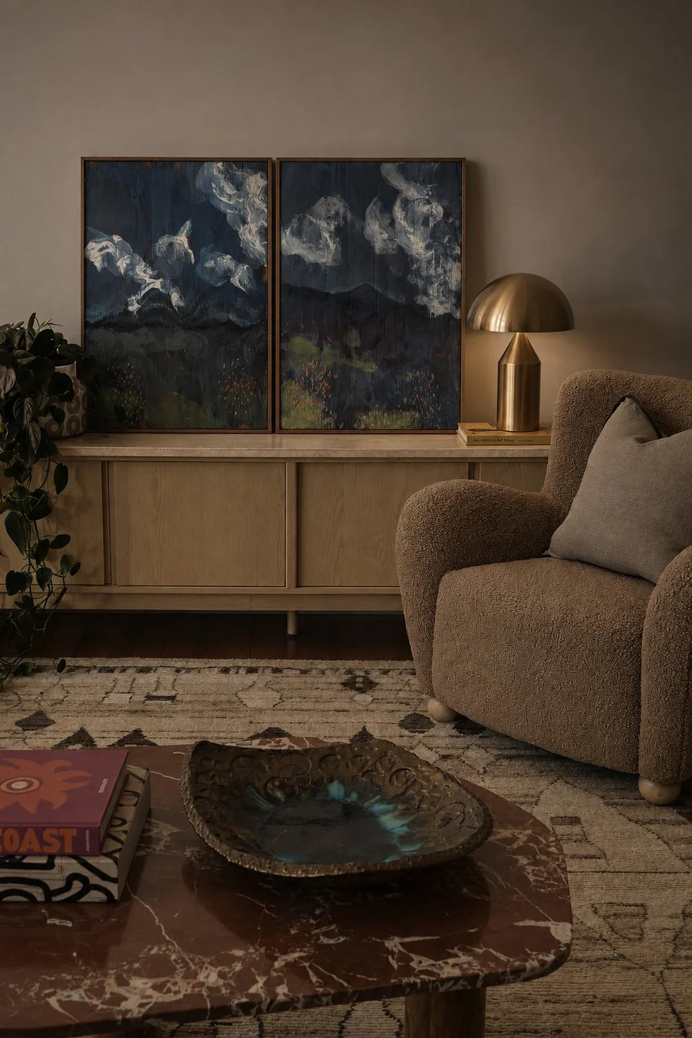 Gammon Winter Storm — two-board original painting on a sideboard