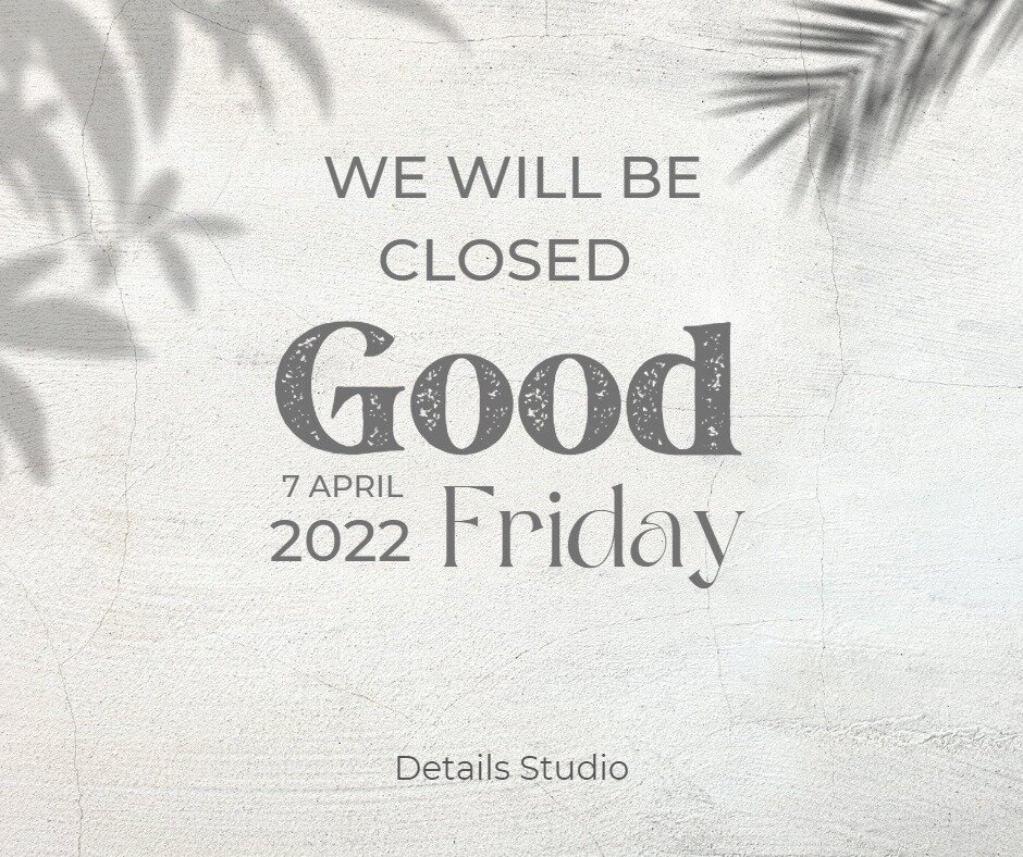 Details Studio will be closed today for Good Friday. We apologize for any inconvenience, and we will be back open again on Saturday, April 8th, 2023. 

Thank you! 

Details Studio
5340 Rochdale Blvd.
(306) 924-4607