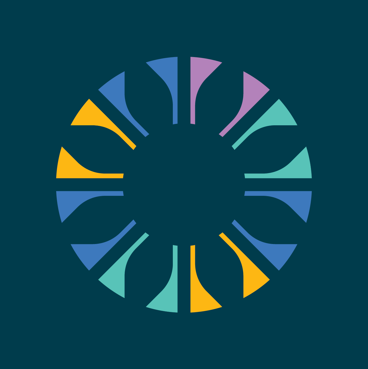 A colorful abstract circular design with alternating yellow, blue, purple, and teal shapes arranged in a symmetrical pattern on a dark teal background.