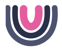 Colorful abstract U-shaped design with layered arch motifs in pink and navy blue.