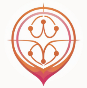 Abstract design with orange and pink hues resembling a stylized plant or flame with symmetrical curved lines and dot accents.