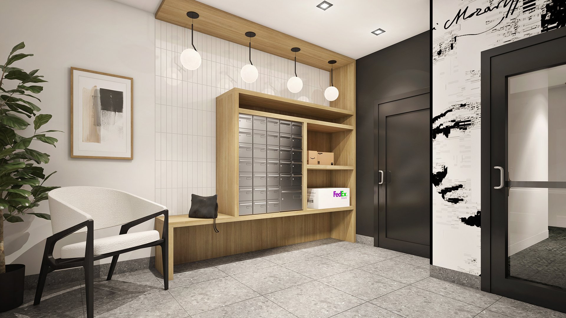 Hall d'entrée du projet de condos locatifs le Mozart (phase 2) - Concept et design réalisé par Olivia Proulx. Images virtuelles 3D réalisés par Étienne Dumas (artisite 3D)