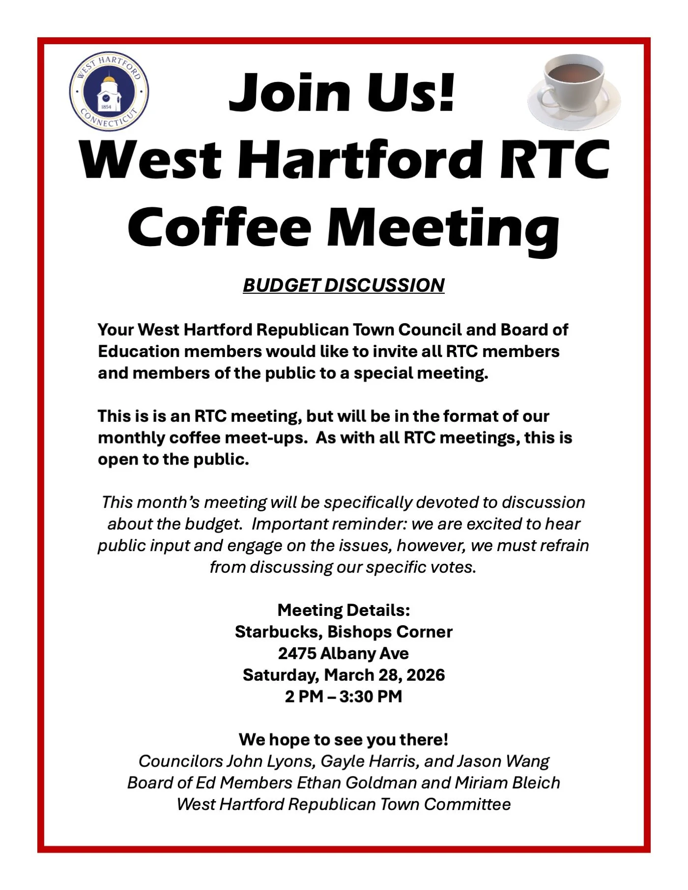 March 28 Coffee with Republican Council and Board of Education Reps