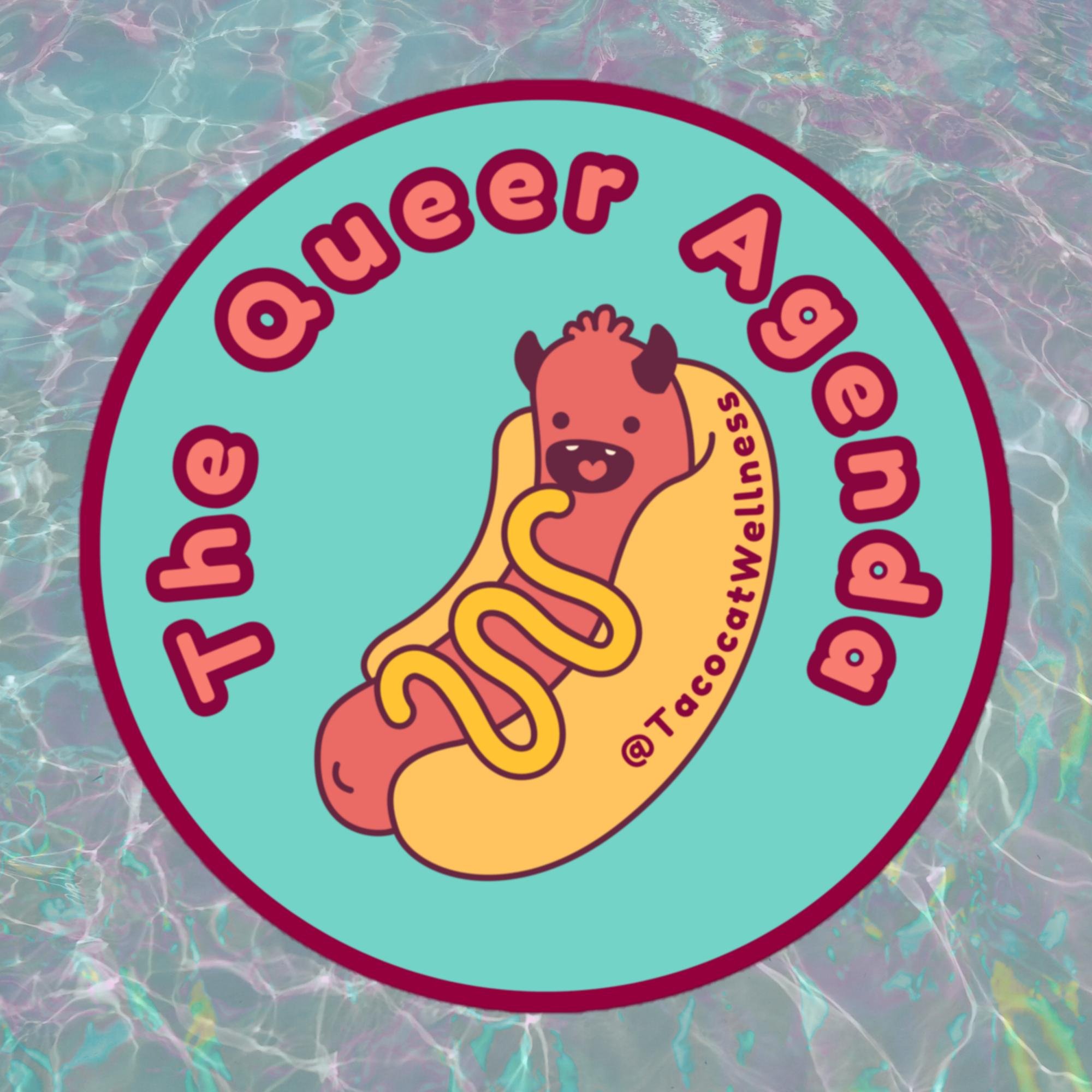 A devilish cartoon hot dog with red horns and a cheeky grin, surrounded by bold text that reads “The Queer Agenda.” The sticker has a clean die-cut shape and vibrant colors.