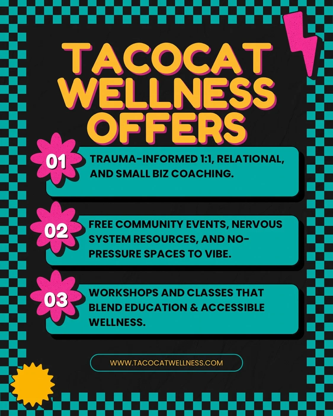 Because your support system should feel like it was built for you, not the version of you that squeezes into someone else’s box.
Here’s what we do at Tacocat Wellness:
🌮 Coaching that meets you where you are — 1:1, relational, an