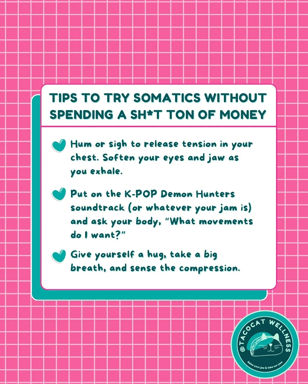 Somatic practice isn’t about expensive retreats, Instagramable aesthetics, or “good vibes” only. 
It’s about learning to notice, feel, and shift what’s happening in your body in everyday moments.
Here are 6 free, begin