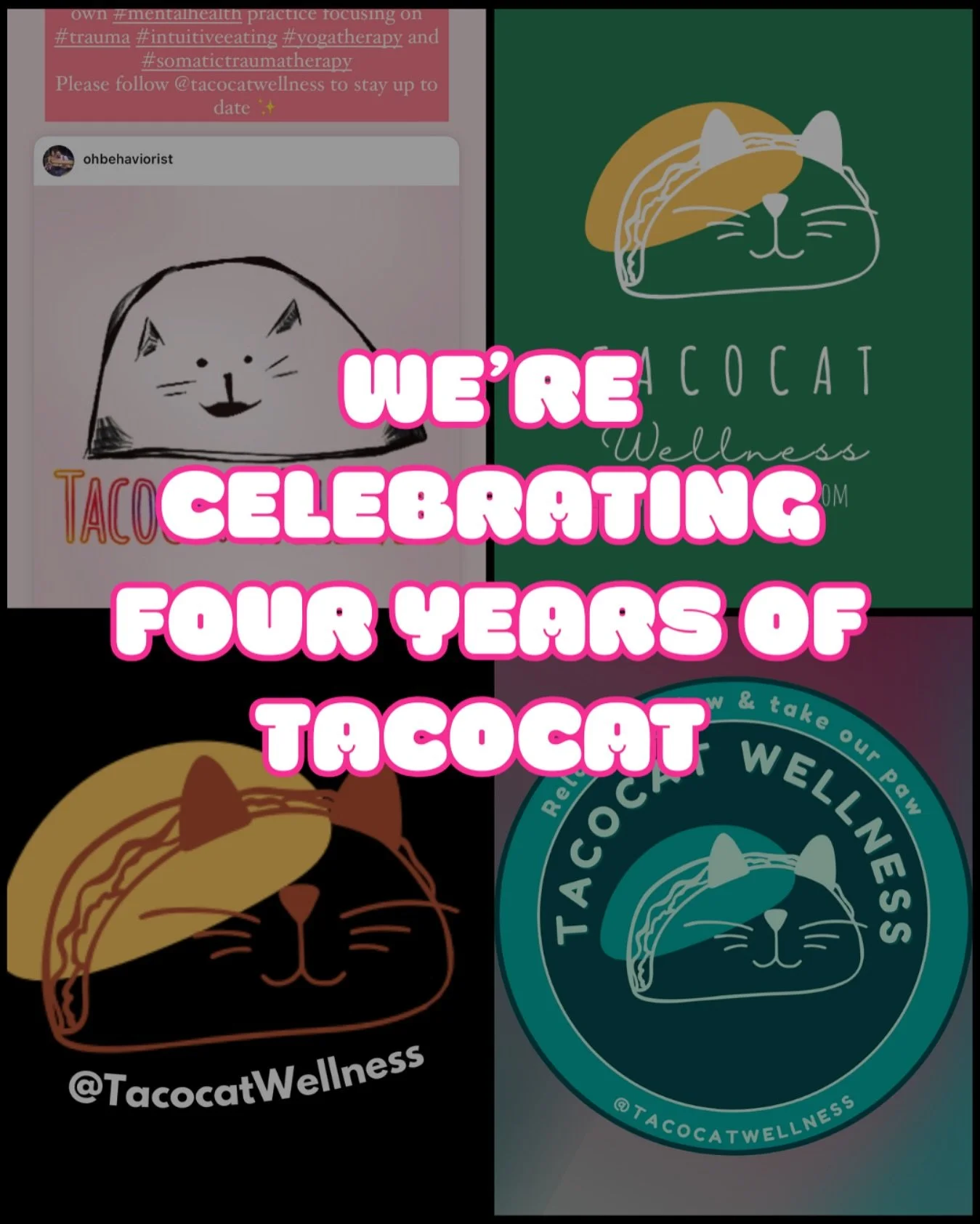Tacocat Wellness is turning FOUR!
From a silly placeholder name to a whole ass community of nervous system nerds, queer joy, and non-toxic pawsitivity — we wouldn’t be here without you (and we’re so glad you’re here). 
To ce