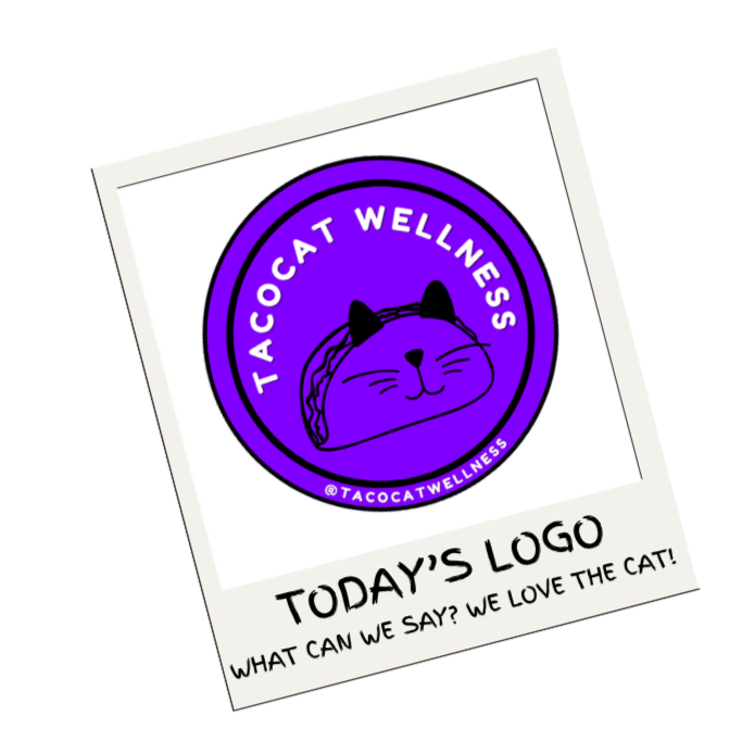 Our current logo in black and purple - outline of a taco with a cat face and ears