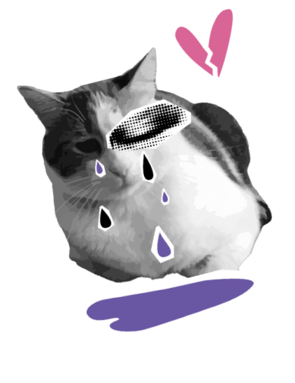 Decorative scrapbook/zine style cat with an illustrated tear and broken heart doodle