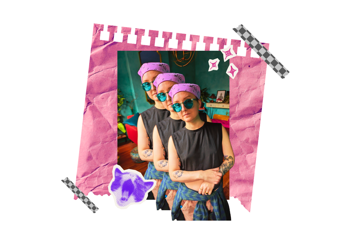 Collage-style portrait of Carson wearing a pink bandana and blue sunglasses, repeated three times against torn pink paper with checkerboard tape, sparkles, and a purple cat graphic.