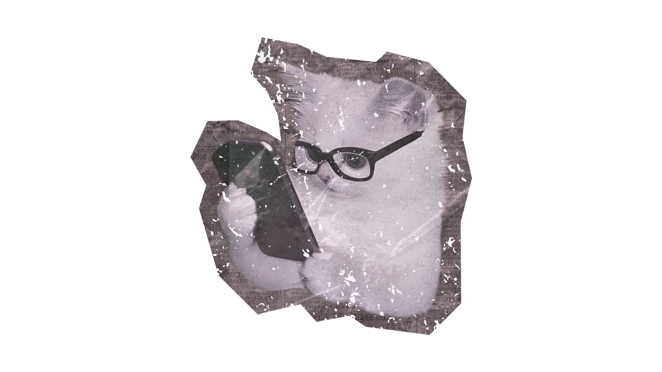 Black and white magazine style kitten with a cell phone and thick rimmed glasses.