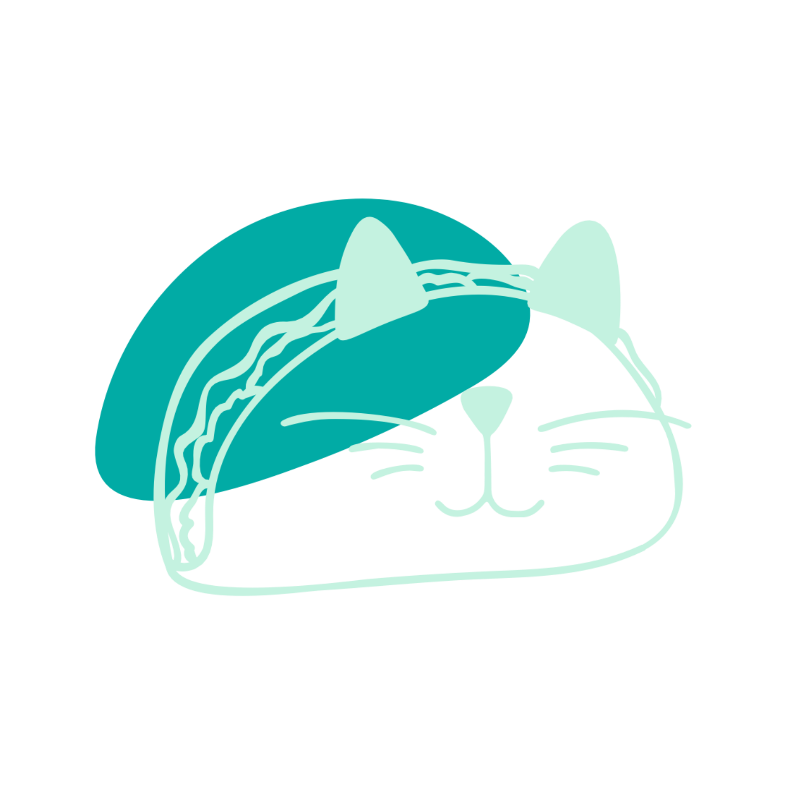Tacocat Wellness logo in teal - outline of a taco with cat ears, nose, and whiskers