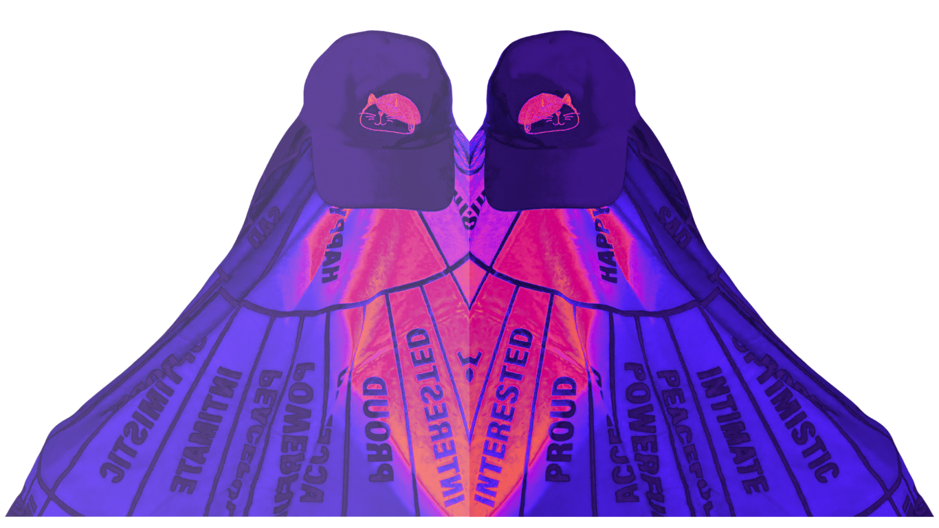 Dual images of a "somatic ghost" - Angela is wearing a "feelings wheel blanket" and a tacocat wellness logo hat and pretending to be a ghost.