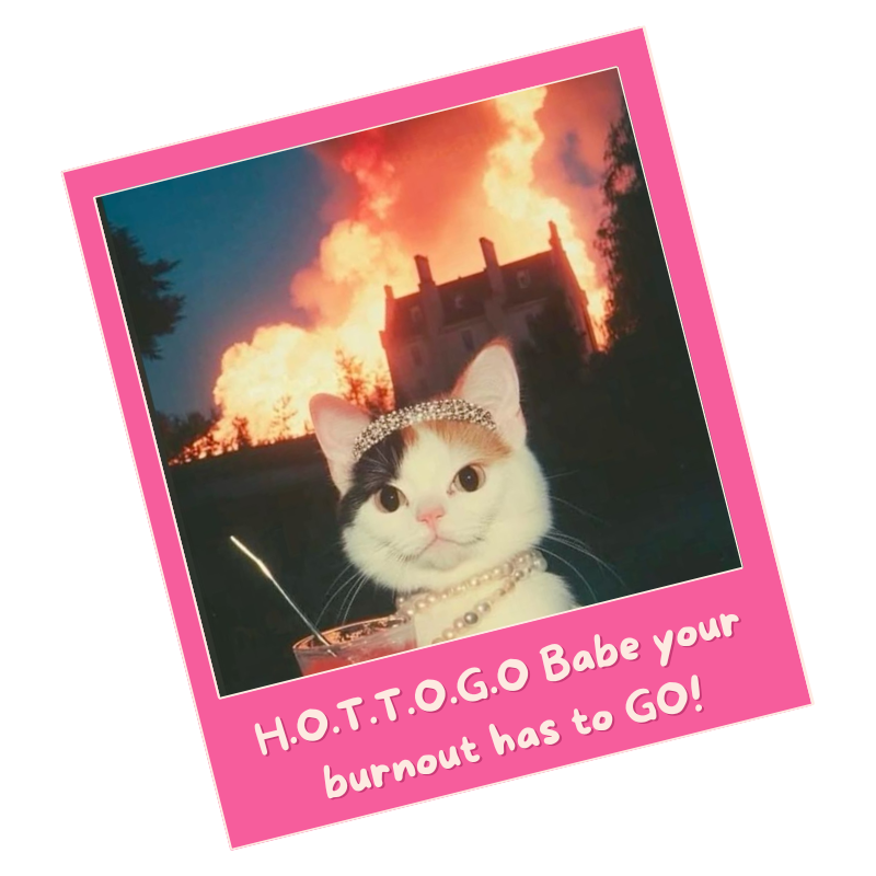 Calico cat with a tiara and pearls, holding a fancy drink in front of a mansion that's on fire. "H O T T O G O - Babe your burnout has to GO!"