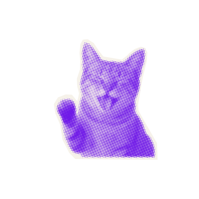 Purple and white magazine style cat with it's mouth open and paw raised