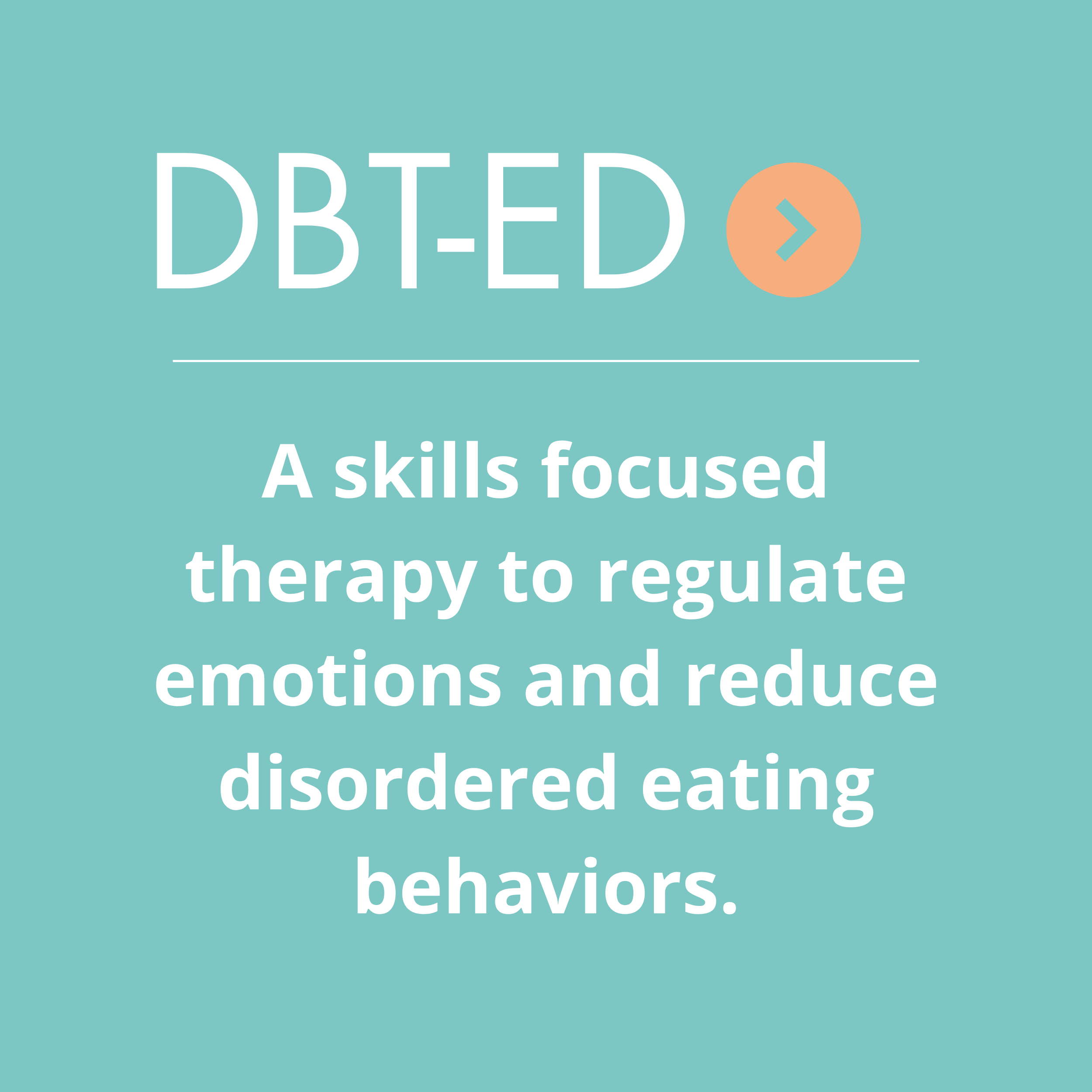 A promotional graphic for DBT-ED therapy, featuring the therapy name, a description of its focus on skills to regulate emotions and reduce disordered eating behaviors, with a teal background and a peach-colored circle with an arrow symbol.