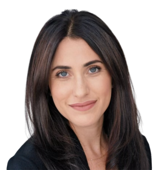 Headshot of a young woman with long dark hair, blue eyes, and a slight smile, wearing a black top against a white background.