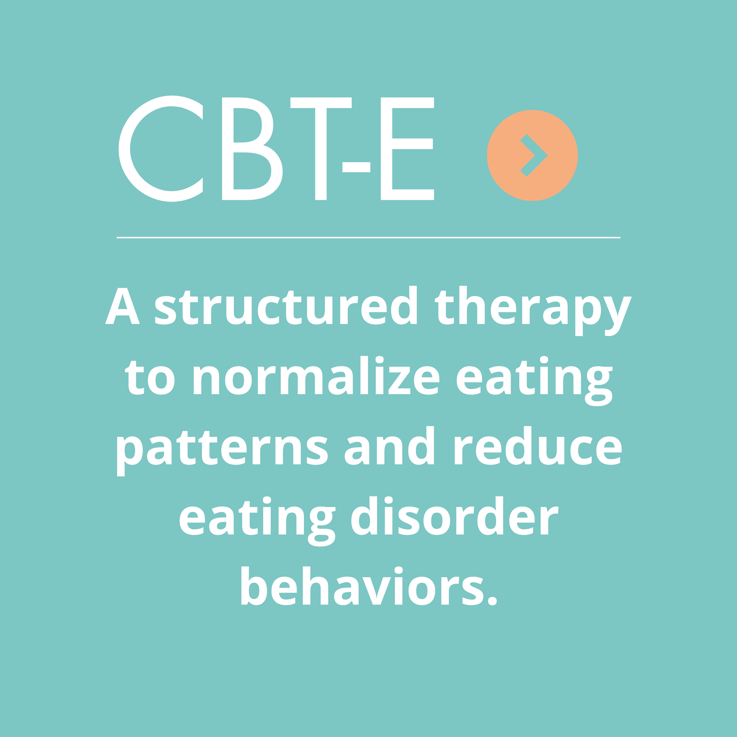 A graphic with the title 'CBT-E' and a description about using structured therapy to normalize eating patterns and reduce eating disorder behaviors.