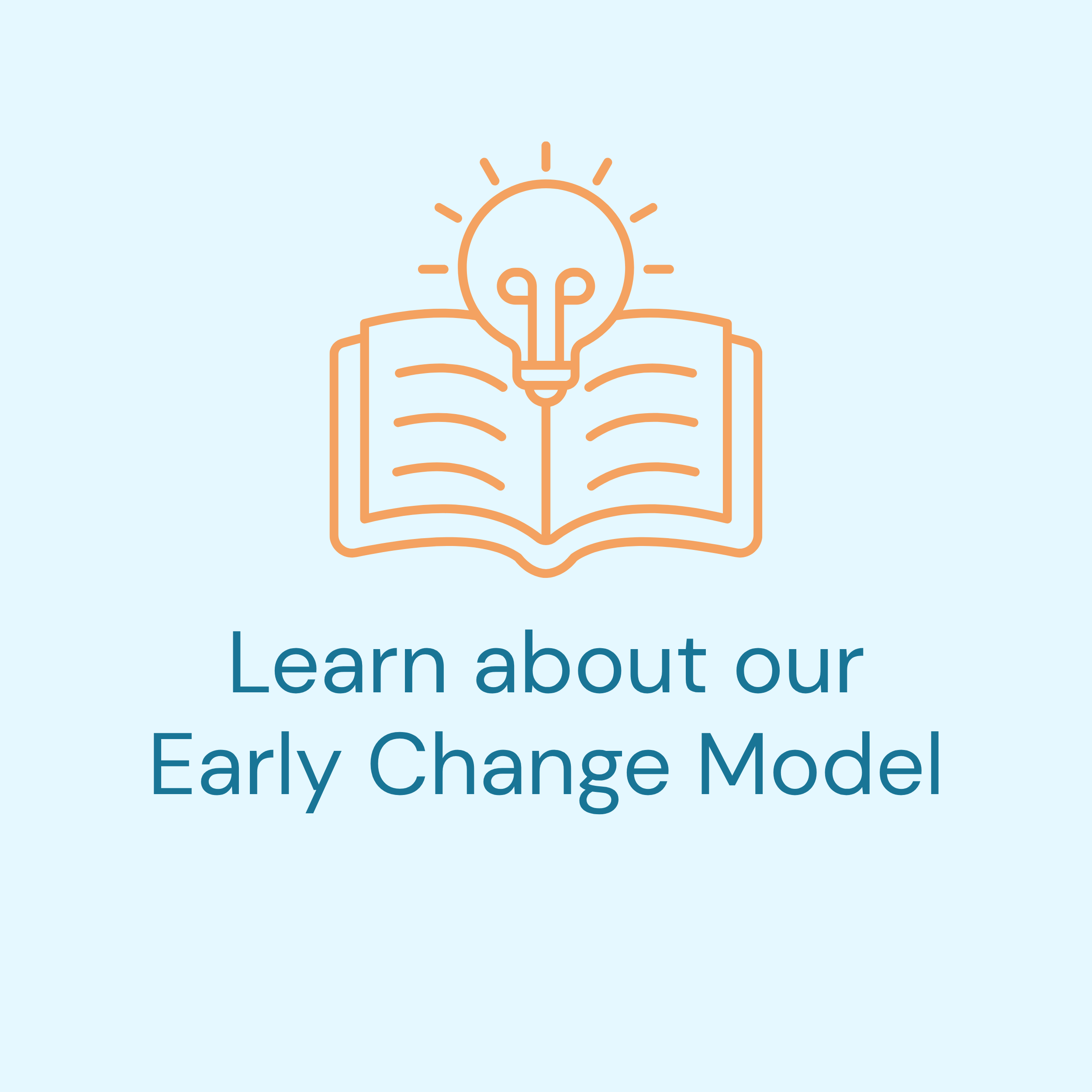 Illustration of an open book with a lightbulb above it, symbolizing learning and ideas, accompanied by text that says 'Learn about our Early Change Model'.
