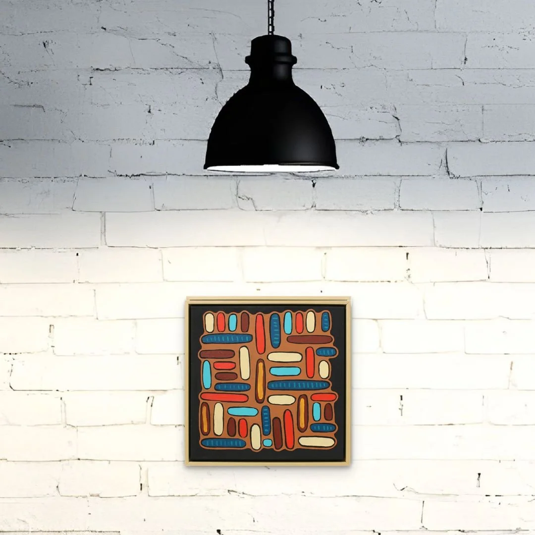 Clay and Kiva, oil on canvas in maple frame, 17 x 17 x 2 inches