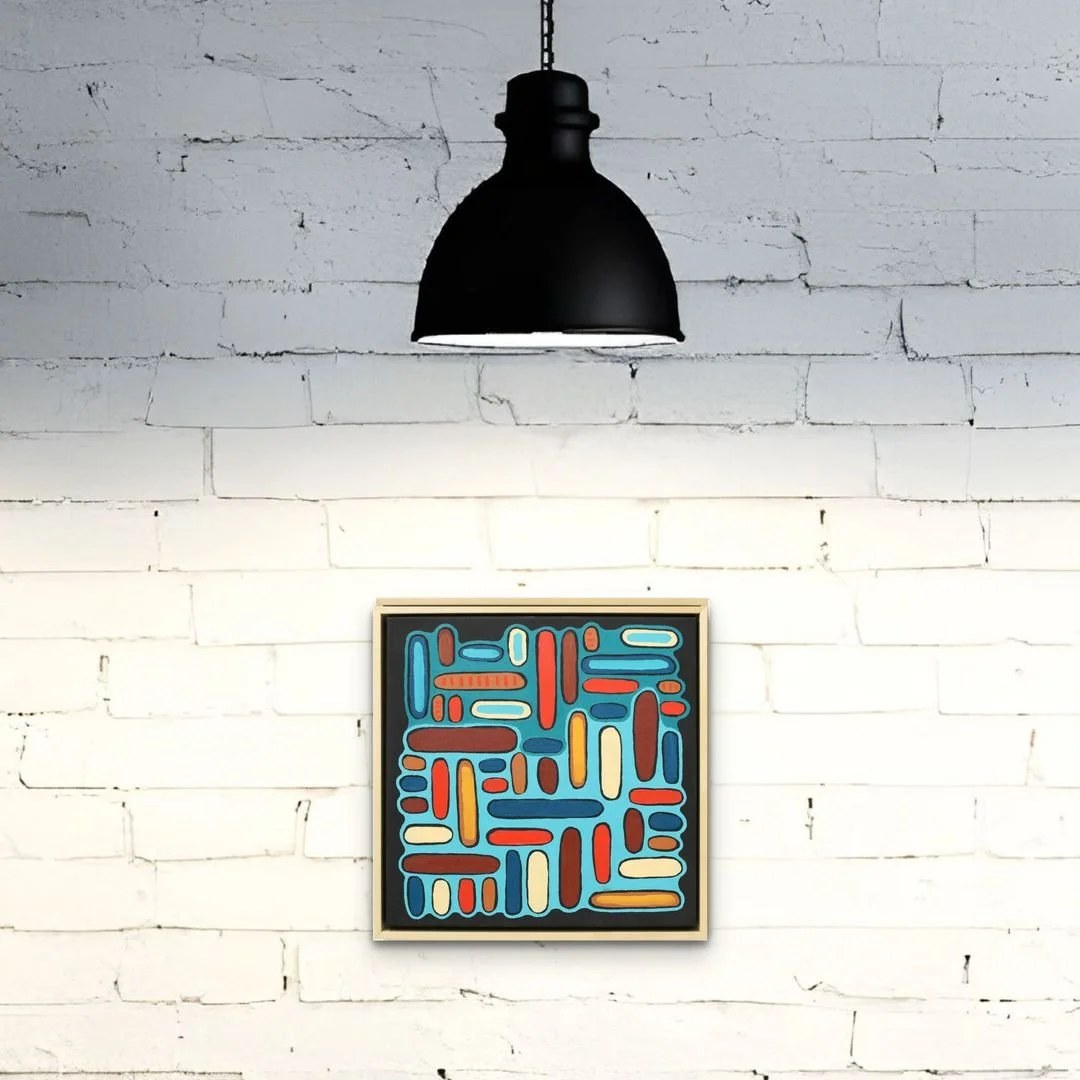 Night Cermony, oil on canvas in maple frame, 17 x 17 x 2 inches