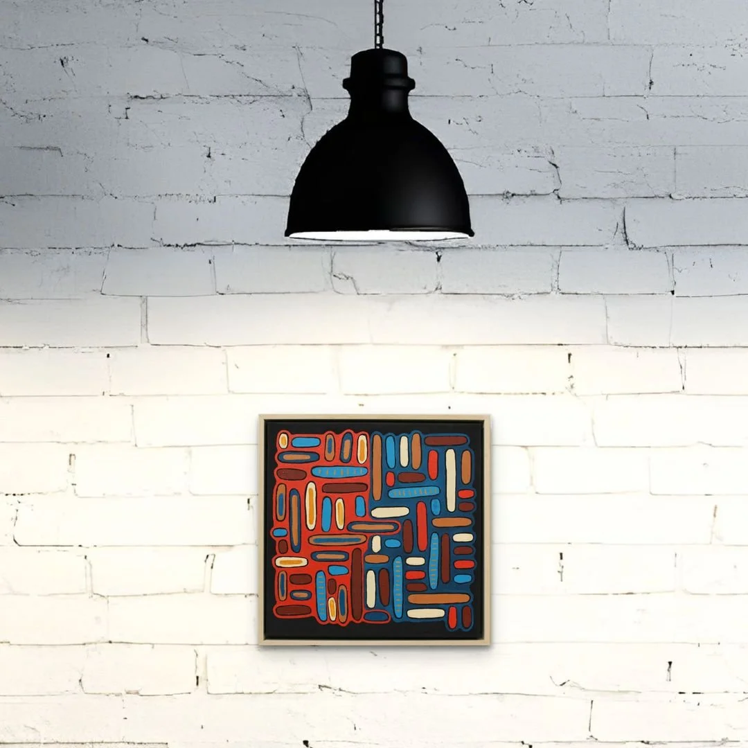 Fire and Rain, oil on canvas in maple frame, 17 x 17 x 2 inches