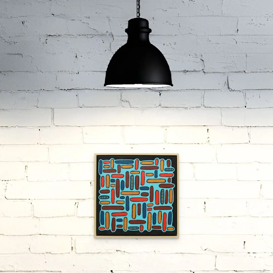 Turquoise Trail, oil on canvas in maple frame, 17 x 17 x 2 inches