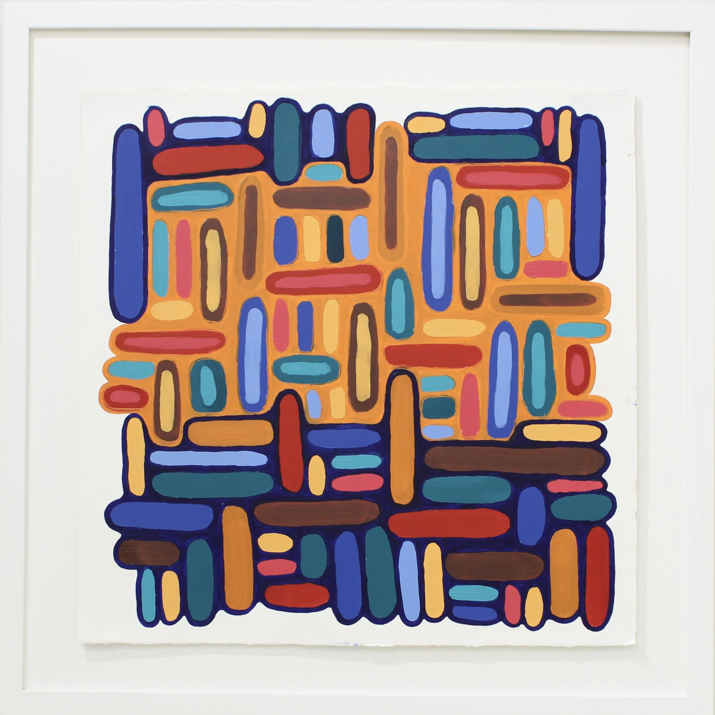 Golden Hour Weaving, oil on printmaking paper, 29 x 29 inches framed