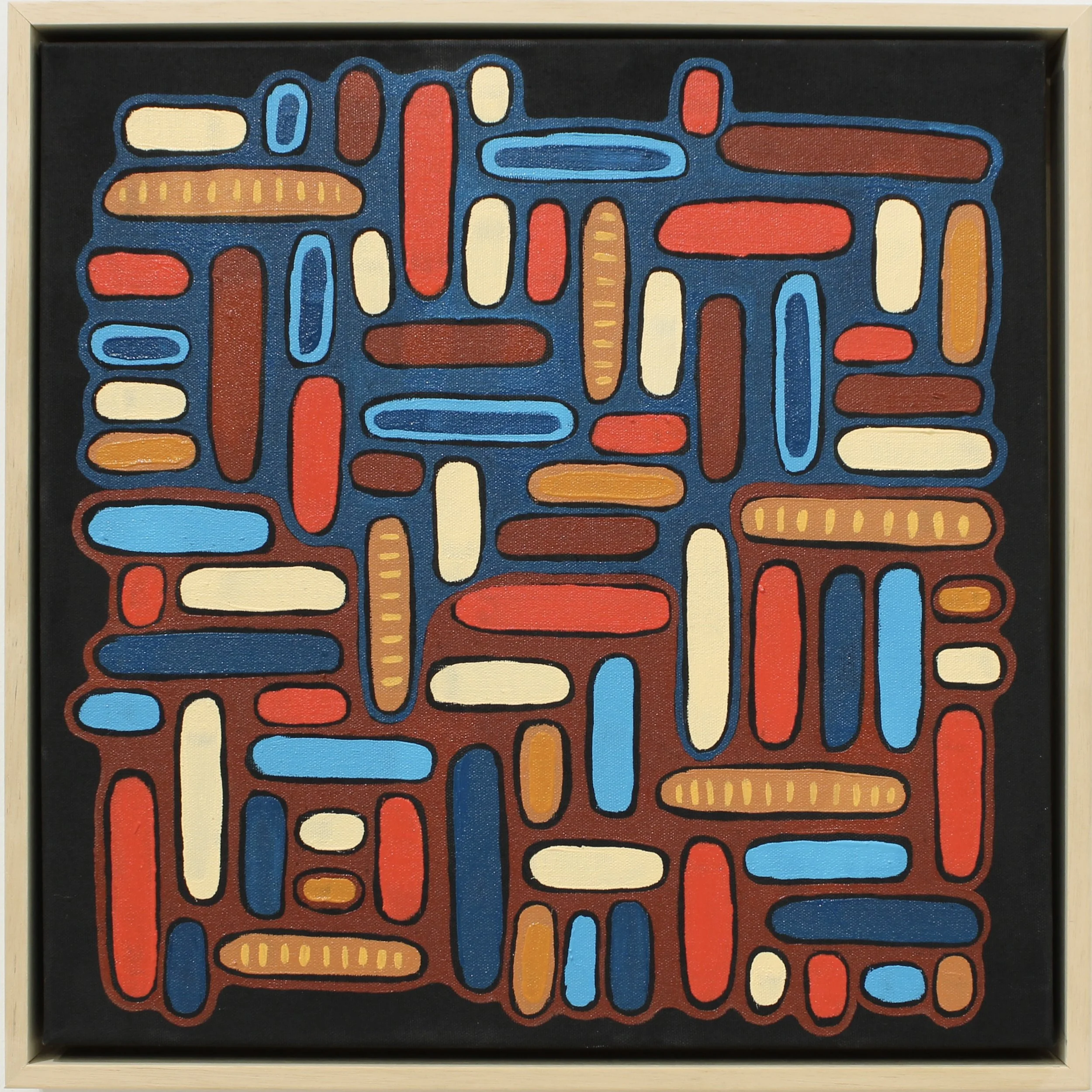 Two Worlds, One Ground, oil on canvas in maple frame, 17 x 17 x 2 inches