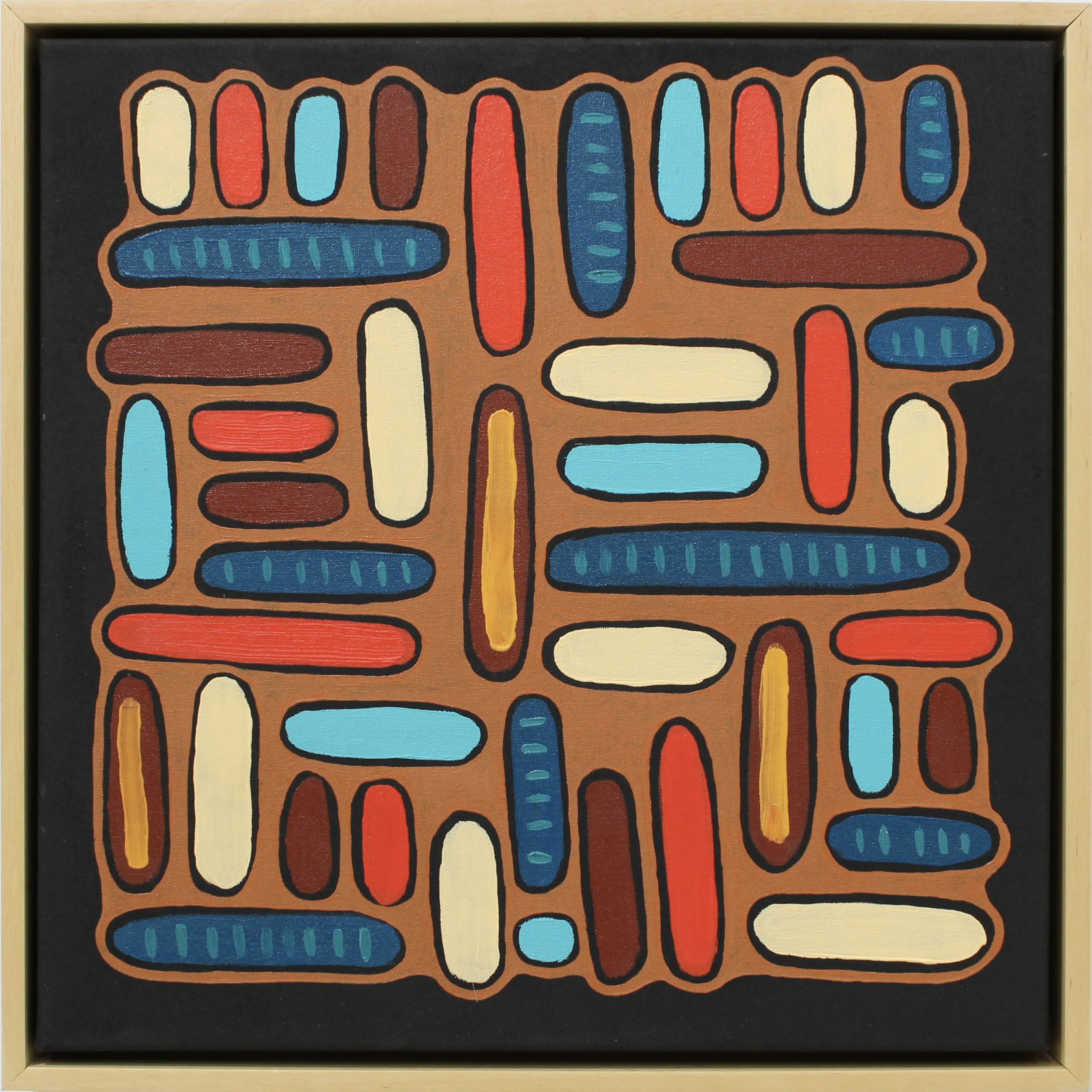 Clay and Kiva, oil on canvas in maple frame, 17 x 17 x 2 inches