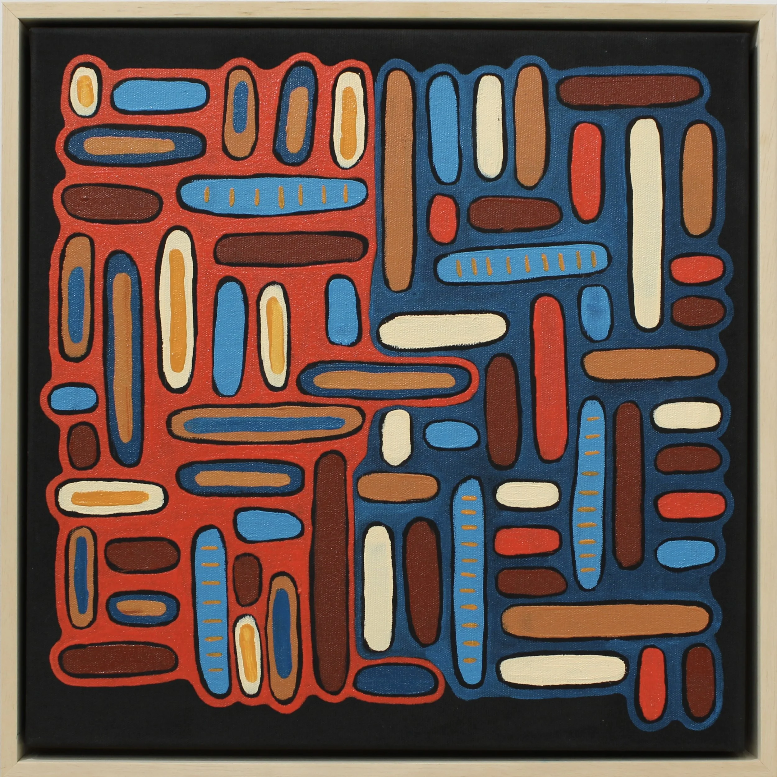 Fire and Rain, oil on canvas in maple frame, 17 x 17 x 2 inches