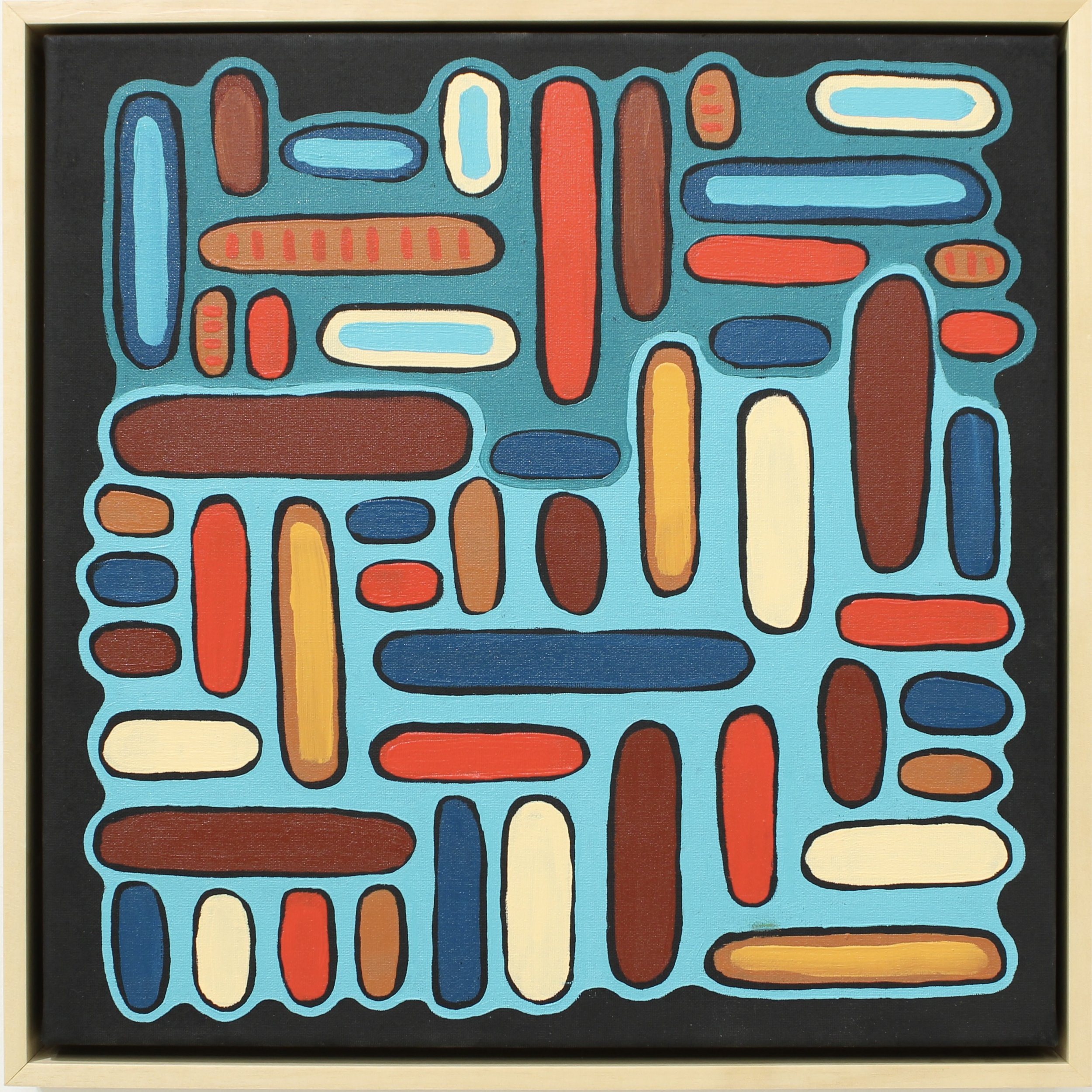 Night Cermony, oil on canvas in maple frame, 17 x 17 x 2 inches