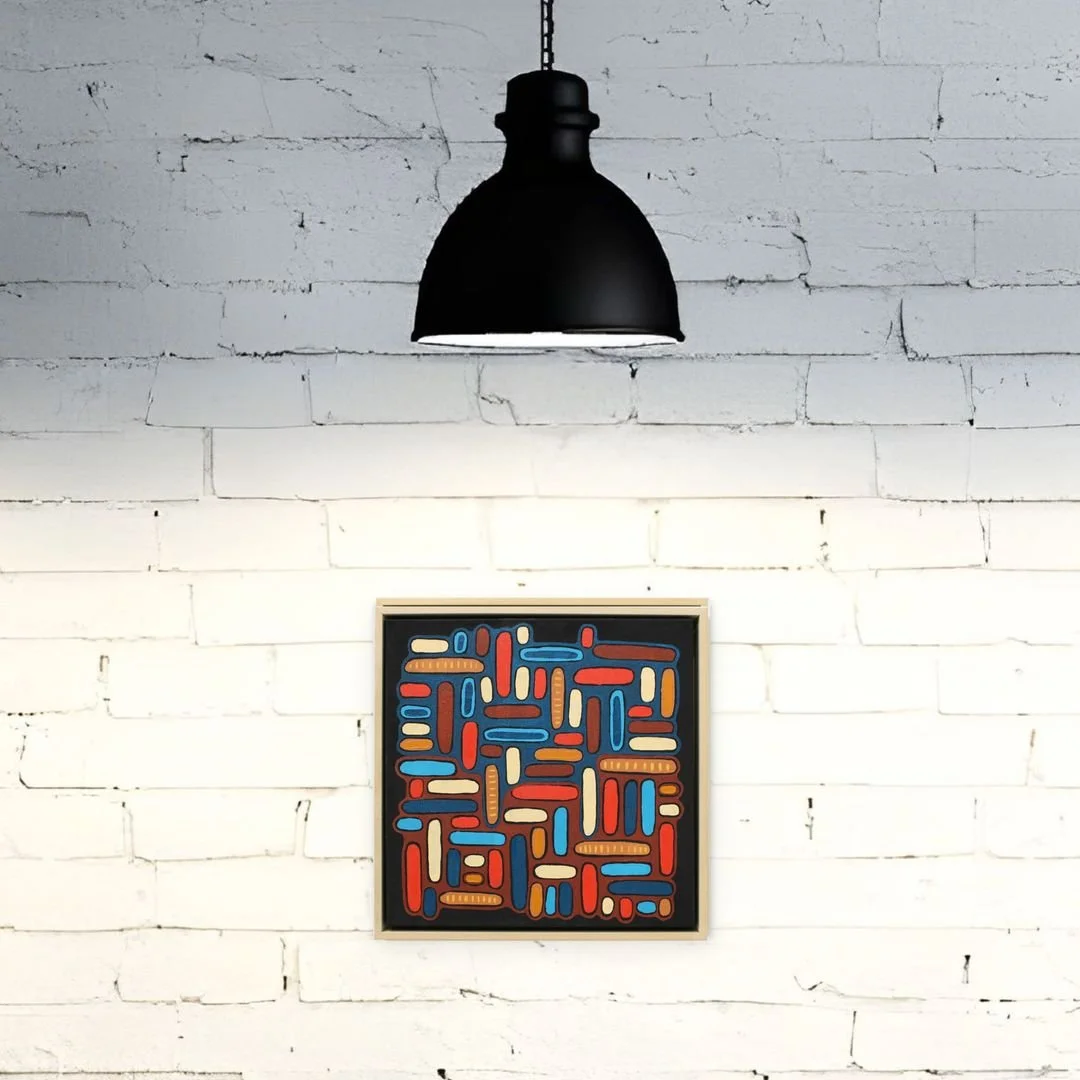 Two Worlds, One Ground, oil on canvas in maple frame, 17 x 17 x 2 inches