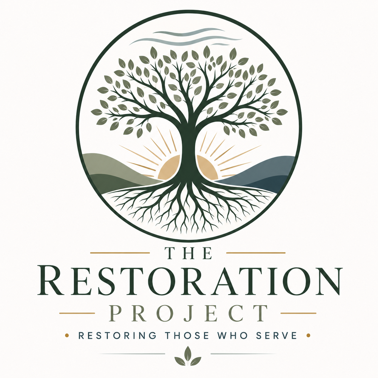 Logo for the Restoration Project featuring a large tree with roots and branches, with the sun rising behind hills and the text 'The Restoration Project' and the tagline 'Restoring Those Who Serve'.