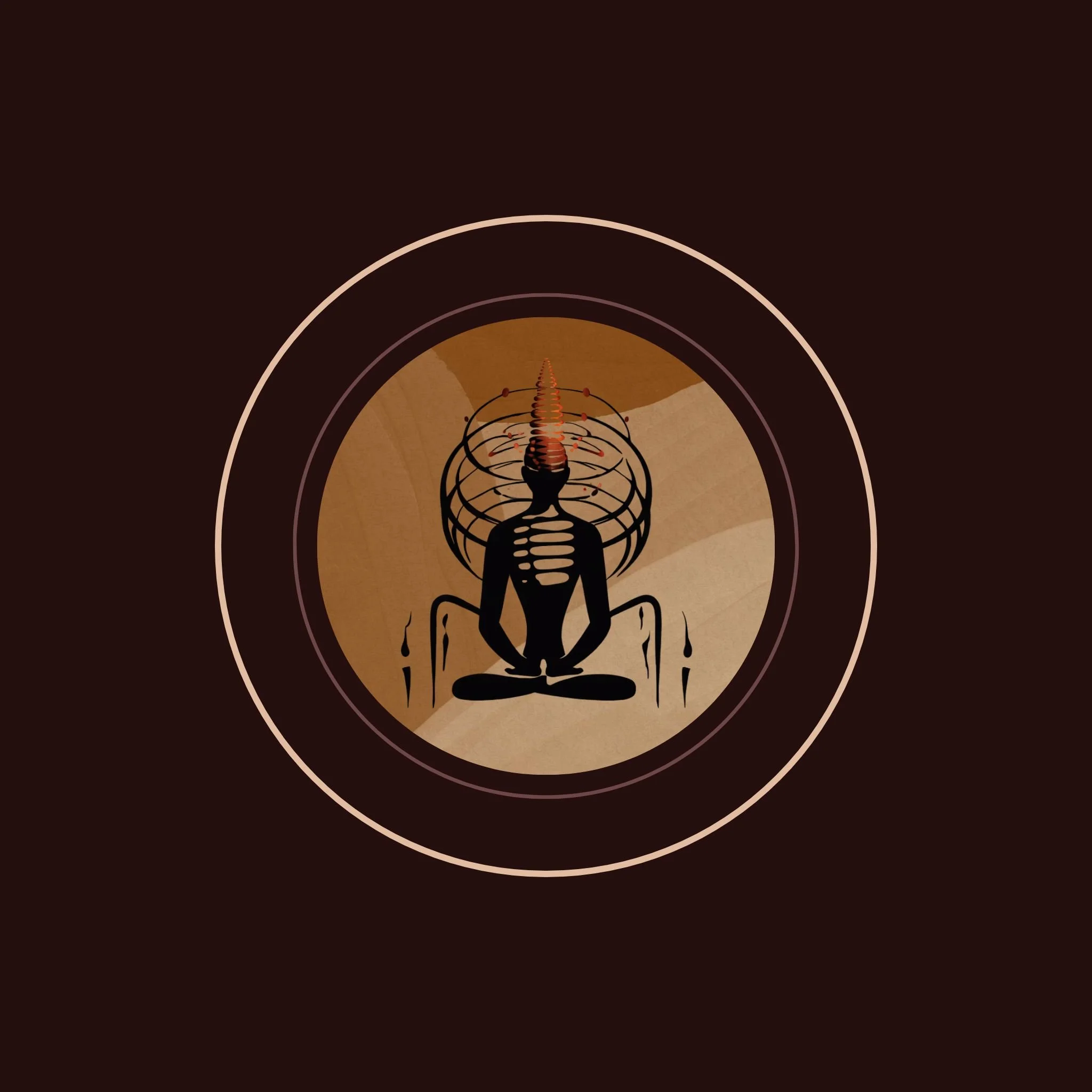 Stylized illustration of a meditative figure with swirling lines around the head, sitting cross-legged against an abstract, warm-toned background.