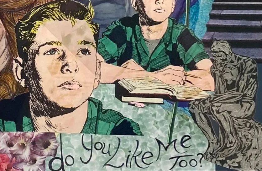 A zoomed in view of a '50s boy above the writing "Do You Like Me Too?" in mixed media collage "Just a Little Crush".