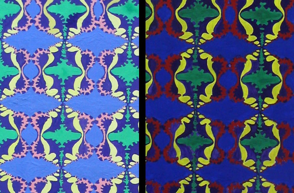 A close up of both sections of a pastel & a vibrant color gouache painting of a rotating conch shell pattern.