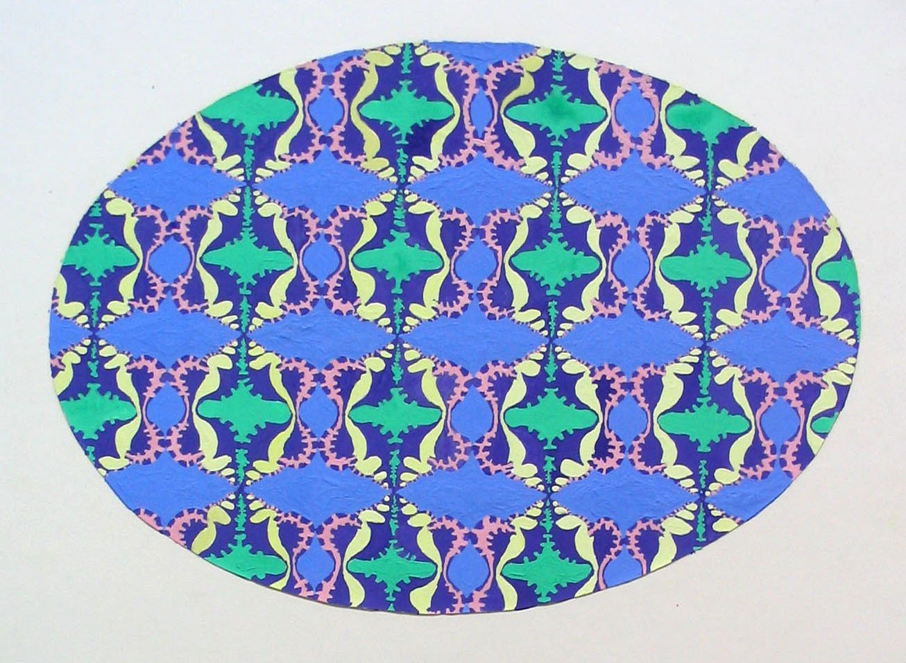 An oval gouache painting in pastel colors of a conch shell tesselation pattern.