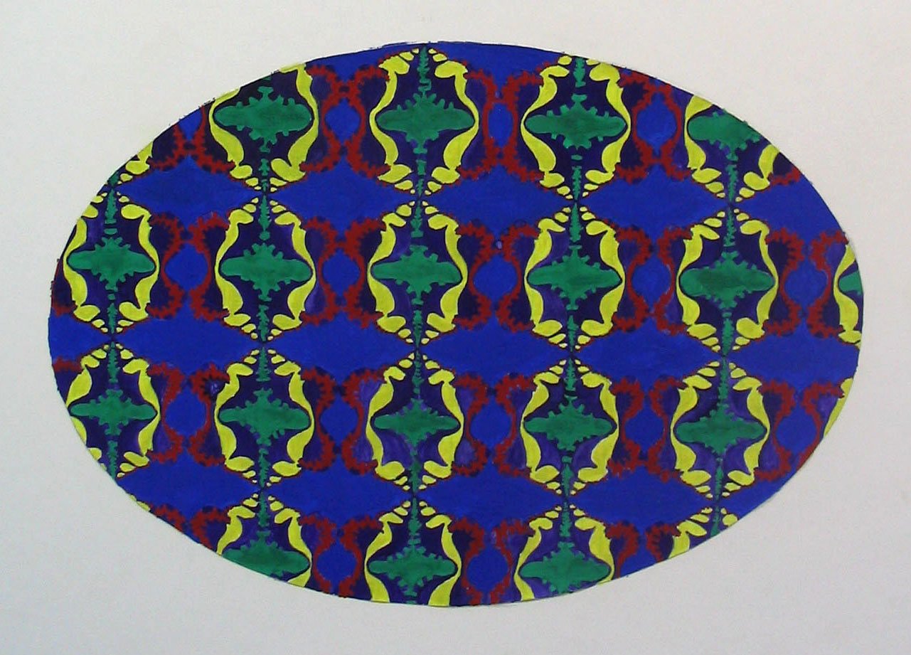 An oval gouache painting in dark vibrant colors of a conch shell tesselation pattern.