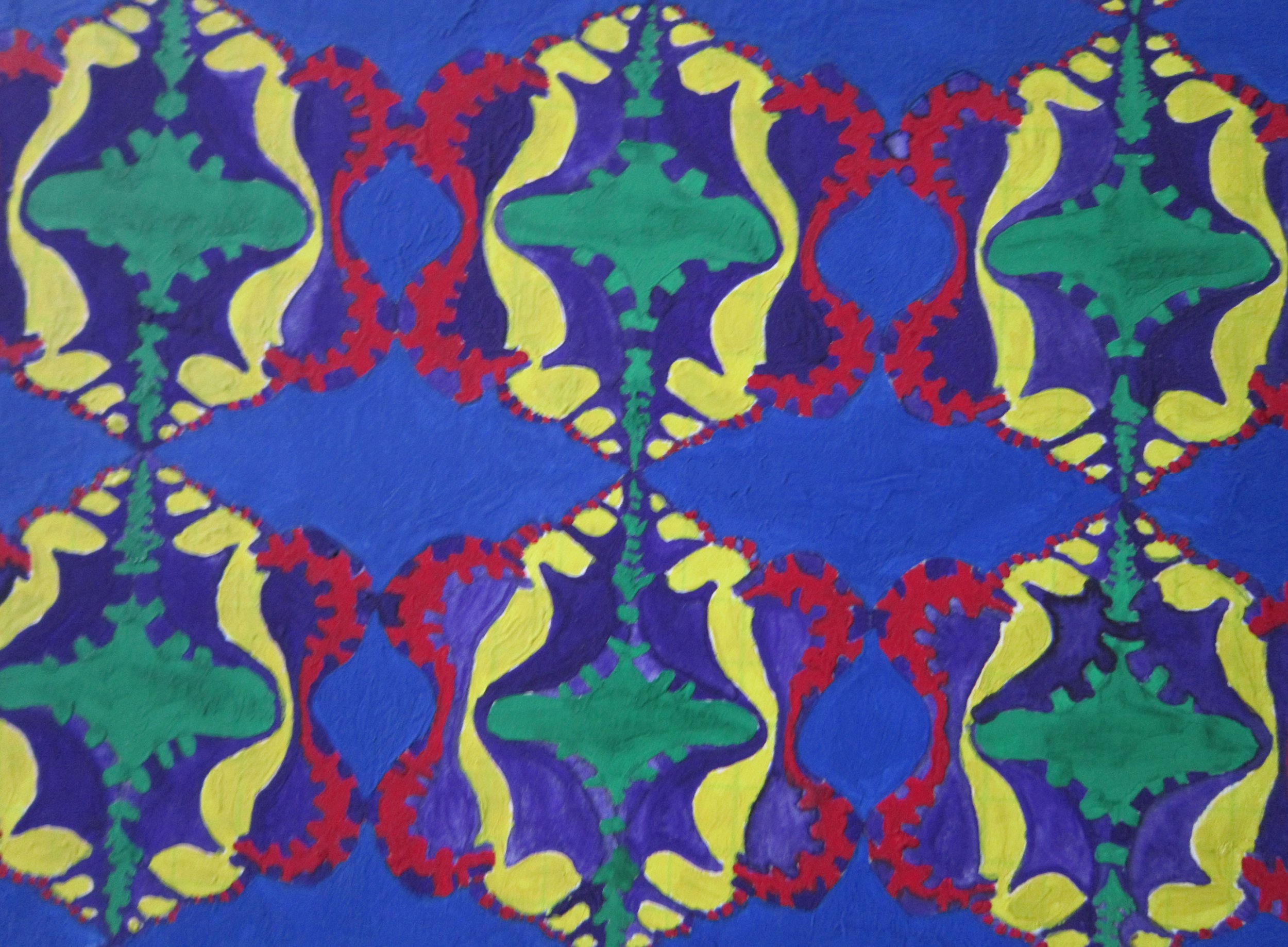 A close up of a dark colored gouache painting of a rotating conch shell pattern.