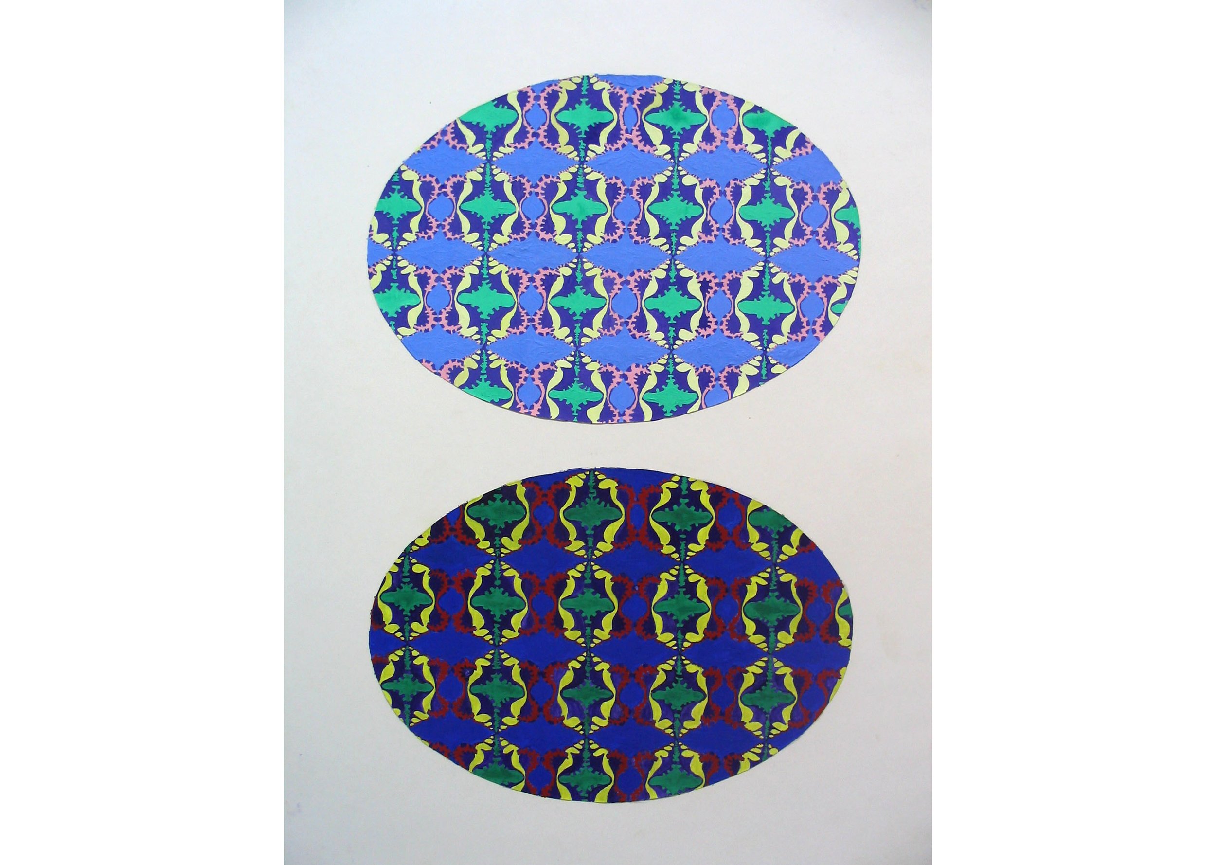 Two ovals of a conch shell tesselation pattern in corresponding light and dark colors of gouache paint on illustration board.