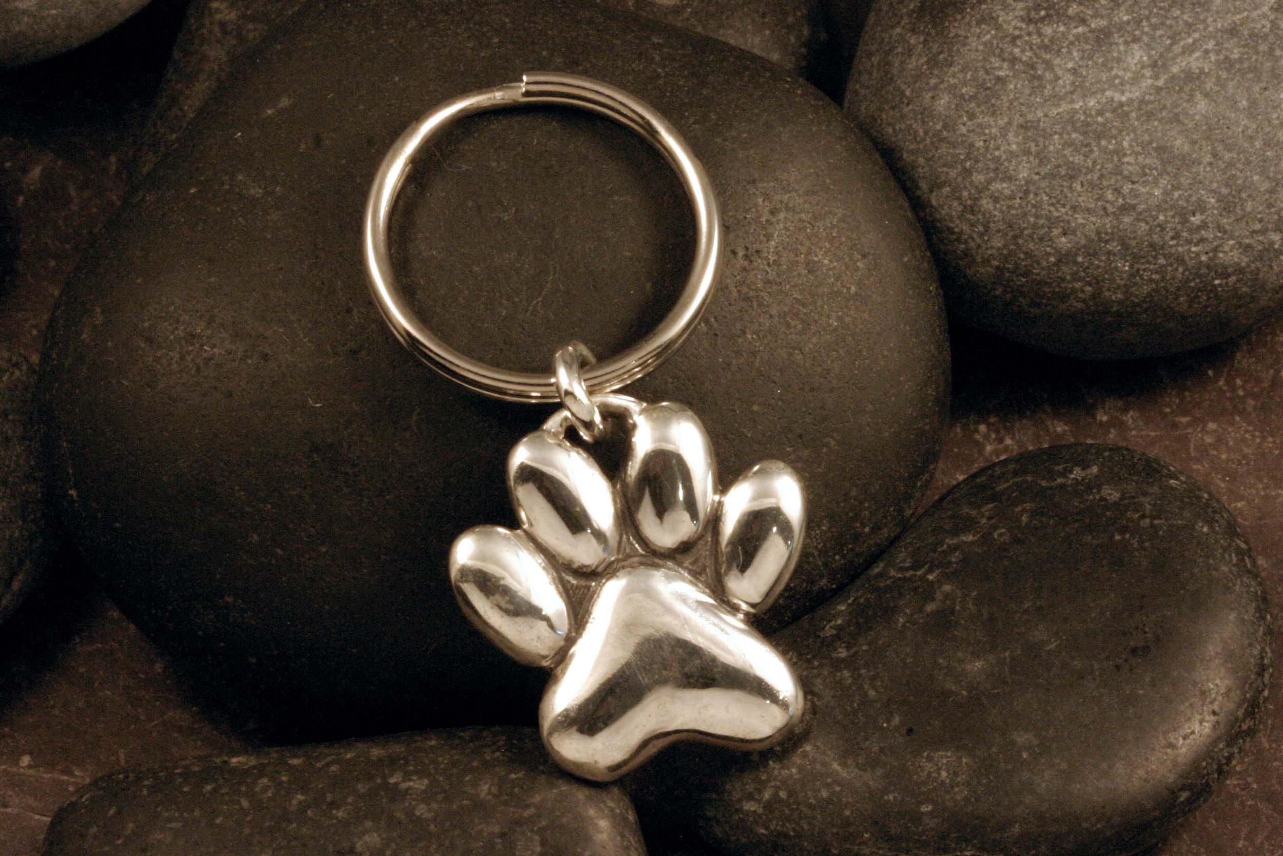 A front view of a sterling silver pawprint keychain.