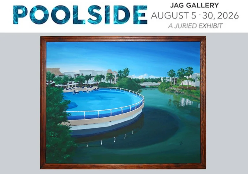 A painting of an infinity pool overlooking a stream with the show's title 'Poolside' & dates in a header above it.