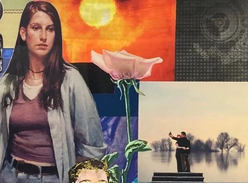 A zoomed in view of mixed media collage "Just a Little Crush" focused on a girl staring at a side view of a rose.