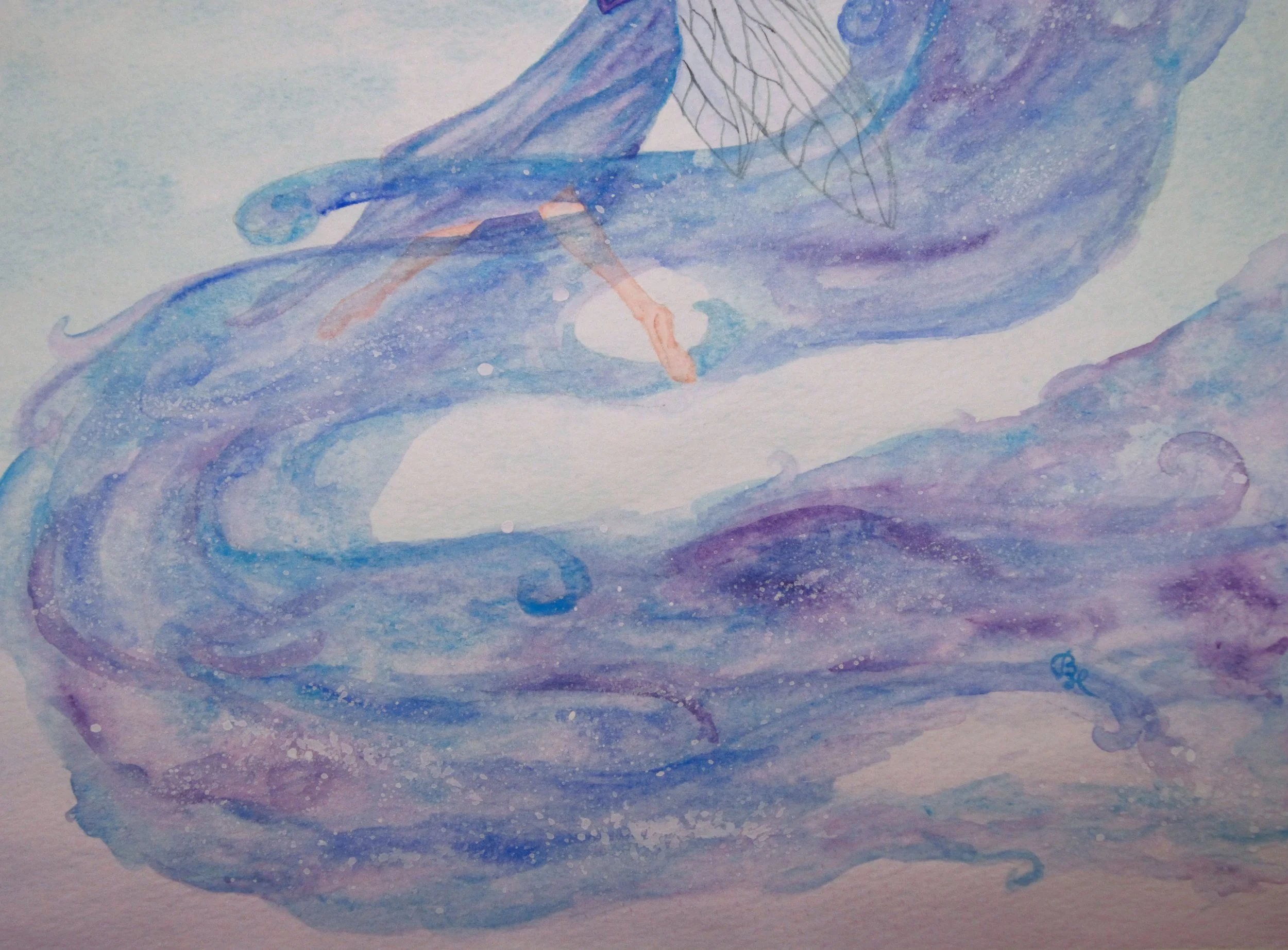 A close up of the dream clouds engolfing a fairy's feet in swirls of blue and purple in a watercolor painting.