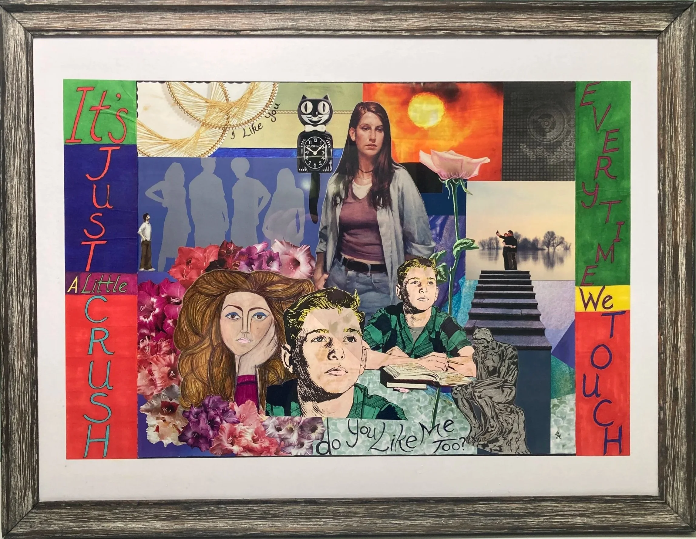 "Just a Little Crush" mixed media collage shown fully matted and framed.