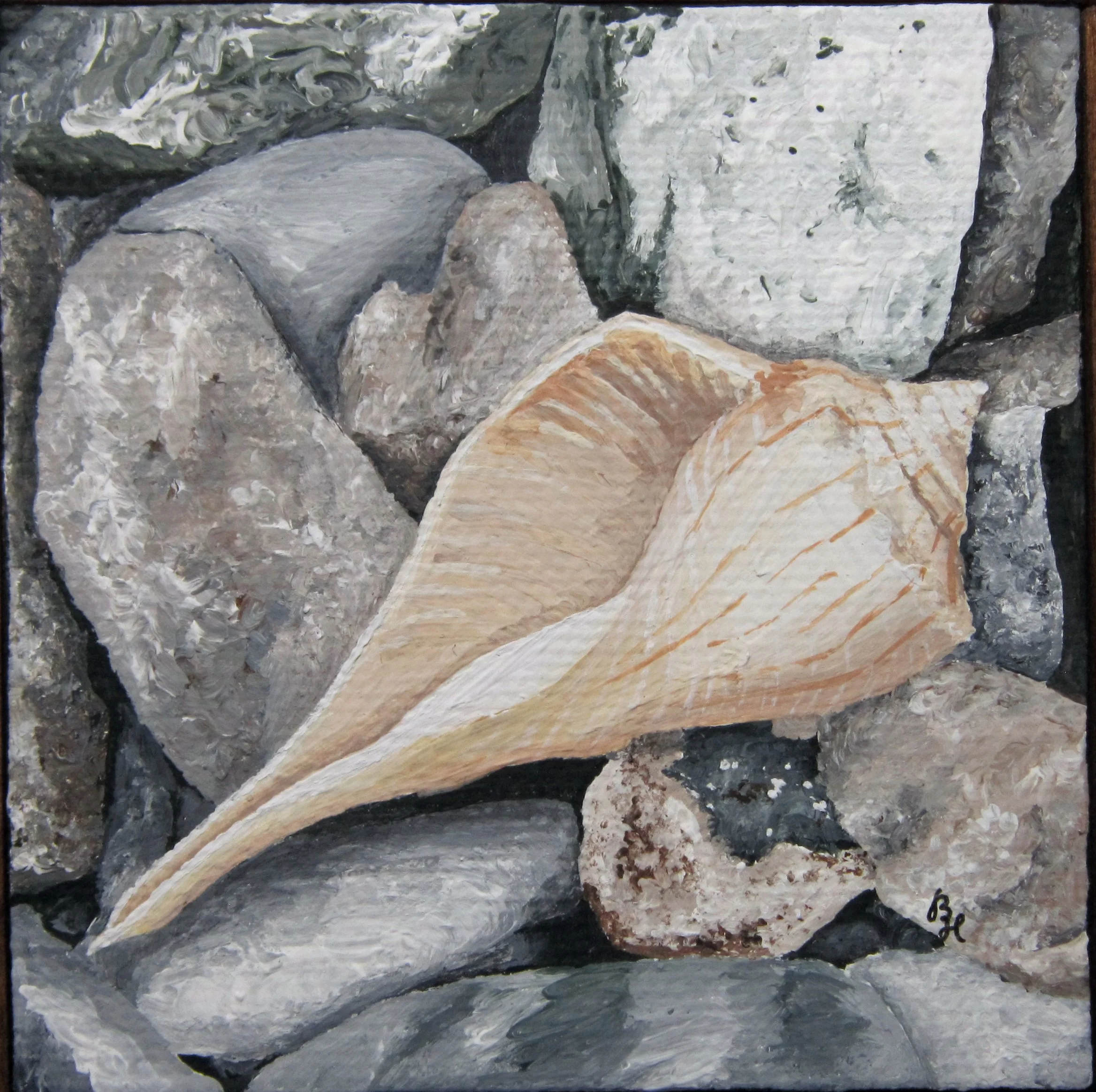A detail of a mini acrylic painting of a whelk seashell on a pile of rocks.