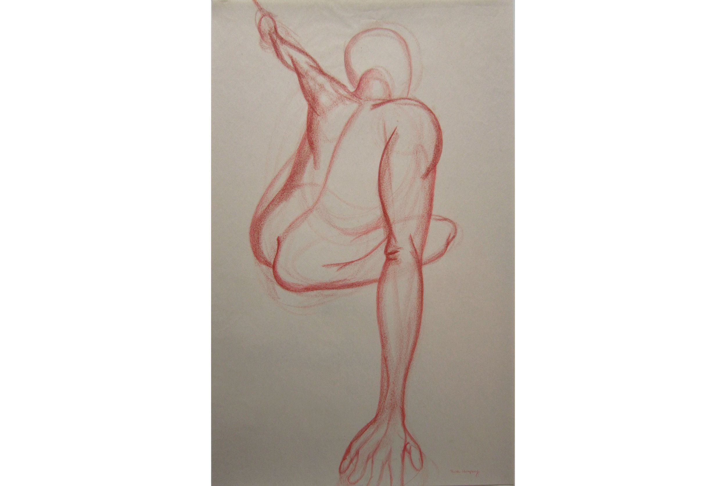 A red charcoal & colored pencil caricature drawing on newsprint of a nude man reaching away from the viewer.